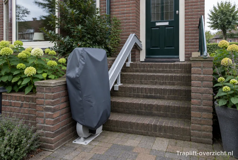 Buitentraplift bij een stenen trap naar de voordeur